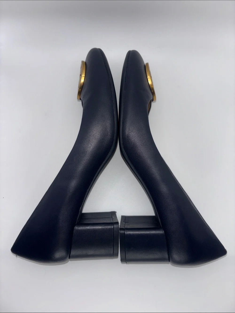 Tory Burch Navy Leather Logo Block Heels